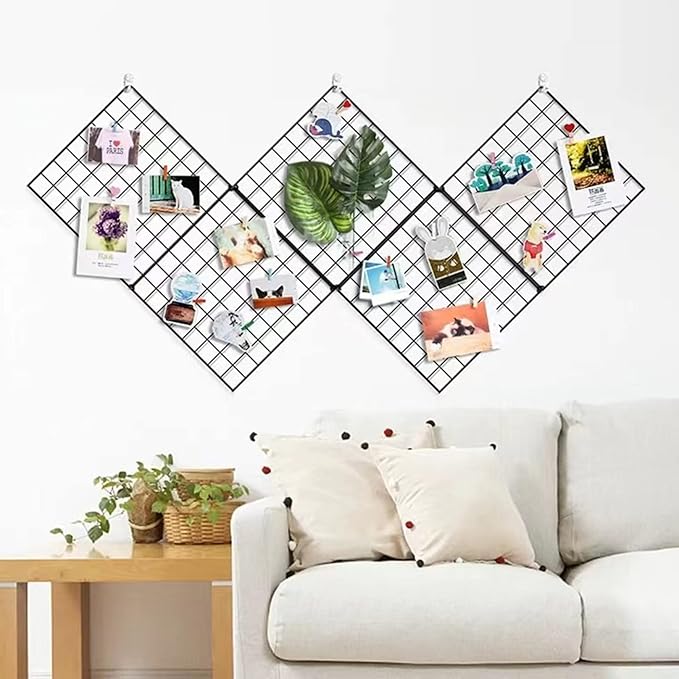 Feadily 5 Pack Metal Grid Wall Board Including 2 Hook Rack, Photo Wall, Picture Board, DIY Home & Office Wall Decor, Photos & Pictures Display Board 13.8 Inch × 13.8 Inch (Black)