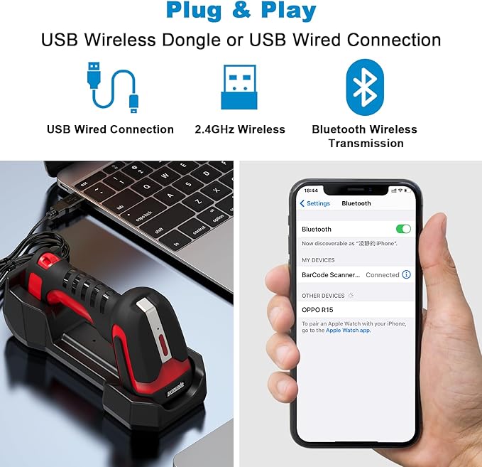 Symcode 2D QR Industrial Barcode Scanner with Wireless Charging Stand, Rugged Heavy Duty 2000 Feet Transmission Distance 433Mhz 2-in-1 Bluetooth & Wireless Hands-Free Barcode Reader for Laptop Tablet