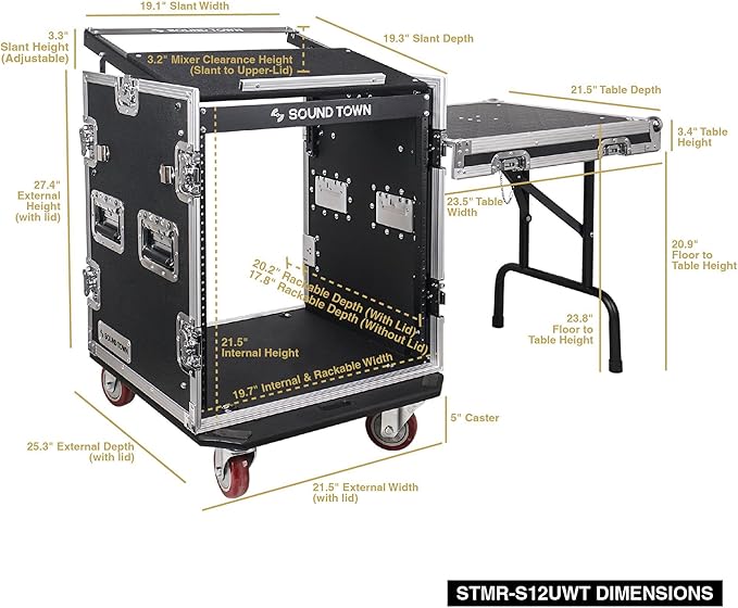 Sound Town Enhanced 1/2" (12mm) Plywood 12U PA DJ Rack/Road Case with 11U Slant Mixer Top, 20’’ Rackable Depth, DJ Work Table and Casters, 12-Space ATA Case, Pro Tour Grade (STMR-S12UWT)