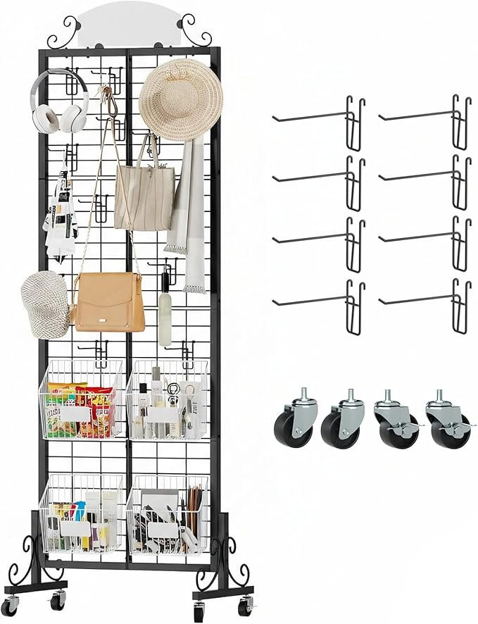 Urban Deco Grid Wall Panel Display Stand, 2.2' x 6.2' FT Gridwall Panel with Extra 8 Hooks, Craft Show Display Rack Black Metal Grids Standing Wire Rack for Retail Merchandise