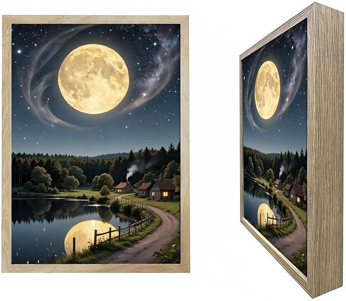 URVIP LED Glowing Photo Frame, 3D Starry-Sky Blue Moon Wall Art, 9x12 Inches Dimmable Light Up Light Painting for Bedroom, Unique Aesthetic Decor, Great Birthday Gift for Women Men