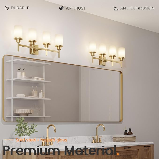 AONEON Wall Light Fixtures 4-Light Over Mirror, Gold Vanity Lights with White Frosted Glass Shade, Wall Sconces for Bathroom Washroom Kitchen T001GD-L4