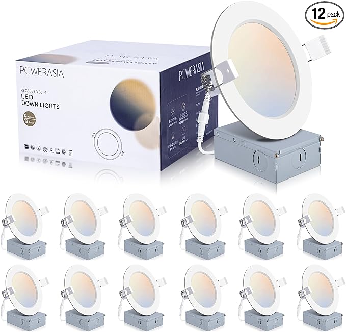 POWERASIA 12 Pack 4 Inch Ultra-Thin LED Recessed Ceiling Light with Junction Box, 5CCT Dimmable 2700K/3000K/4000K/5000K/6000K, 9W 850lm Can Killer Downlight-ETL and Energy Star Certified