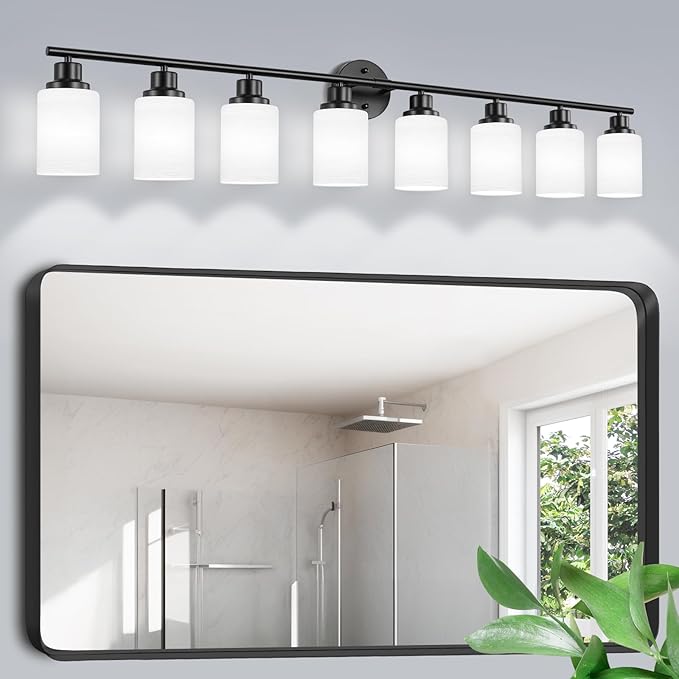 Guliaofo 8-Light Vanity Lights, Black Bathroom Light Fixture with Striped Textured Milky White Glass Shade, Modern Vanity Lighting Fixture for Bathroom Wall Light Over Mirror, E26 Wall Sconce
