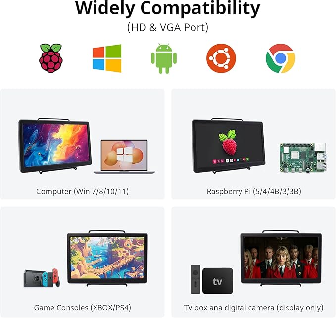 ELECROW 10.1 Inch Portable Monitor - IPS Capacitive Touchscreen Monitor with HD VGA Port，1920x1080P LCD Display Built-in Dual Speakers Touch Sceen for Raspberry Pi 5/4/3, PS Xbox, Windows 11/10/8/7