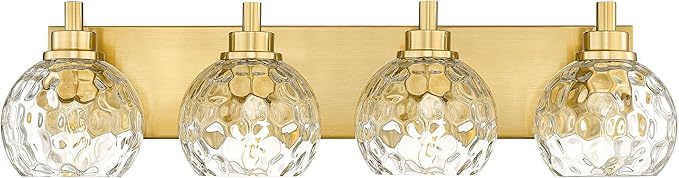 METWET Bathroom Light Fixtures Over Mirror, 26" Brushed Gold Bathroom Vanity Light with Clear Hammered Glass Globe Shade, 4-Light Modern Sconces Wall Lighting, VL200-BG-CL-4