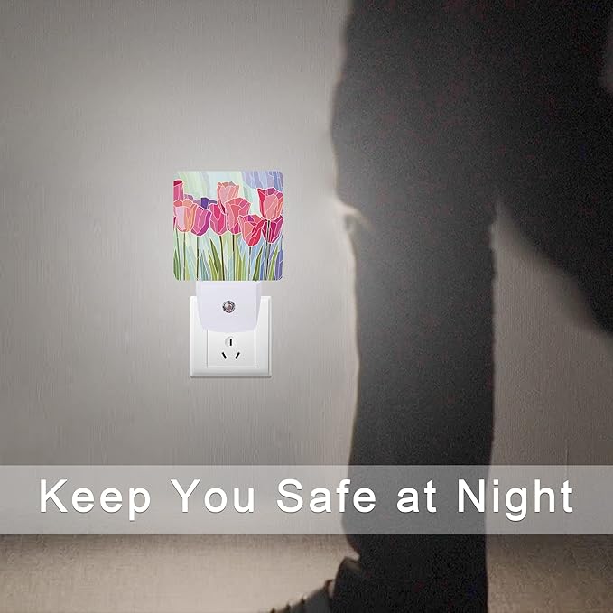 Smoaffly Pink Tulip Flowers Night Light Plug-in LED Nightlights Auto Sensor Night Lamp Dusk-to-Dawn Lamp Home Decor for Nursery Children Girls Boys