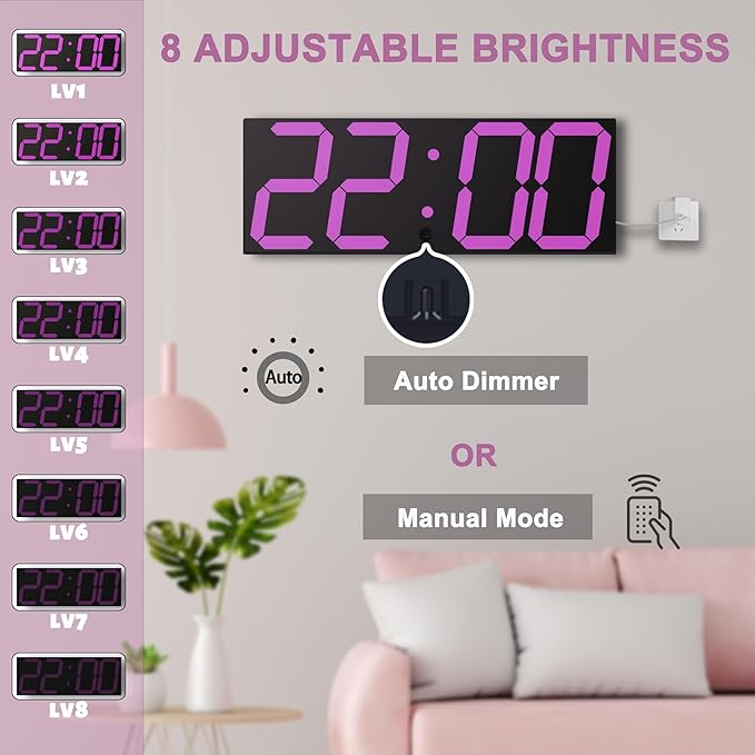 CHKOSDA LED Large Digital Wall Clock, Oversize Wall Clock with 6” Numbers, Remote Control Count up/Countdown Timer Clock, Auto Dimmer, Big Calendar and Thermometer(Purple)