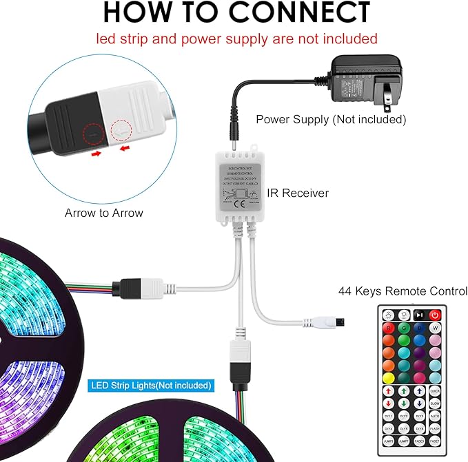 RGB LED Strip Light Remote Controller, 44 Key IR Remote with 2-in-1 4 Pin Connector, Dual Output Dimmer for 12V-24V DC 5050/3528 LED Tape Rope Lighting, 30ft Range