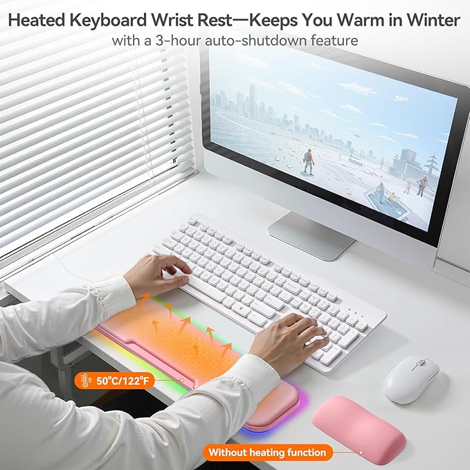 KONDOUND 2-in-1 Heated Wrist Rest Set, Ergonomic Memory Wrist Pad with RGB Lights and Non-Slip Base, Keyboard Mouse Wrist Rest for Computer Laptop Office Work and PC Gaming