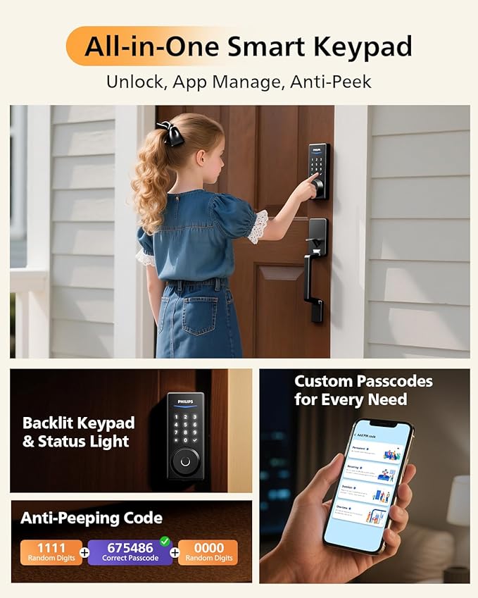 Philips WiFi Smart Lock with Front Door Handle Set, Built-in WiFi, APP Remote & Voice Control, Fingerprint Keyless Entry Door Lock, Keypad Deadbolt Smart Locks for Front Door, Auto-Lock, Backup 2 Keys