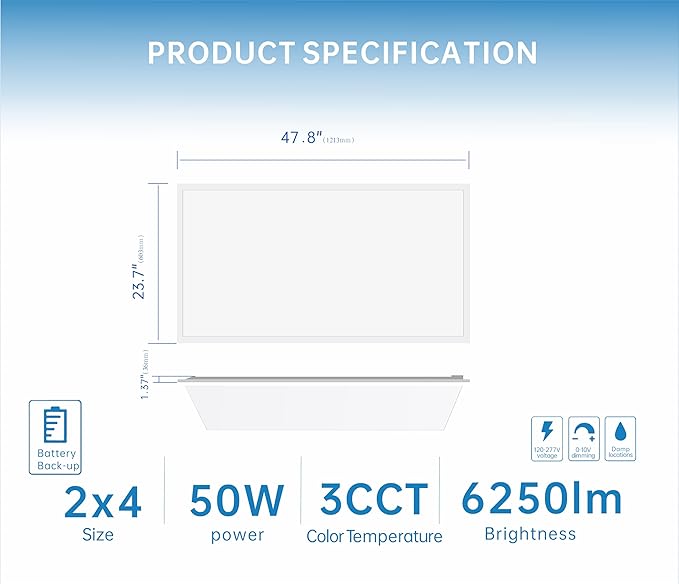 2X4 LED Flat Panel Light with Emergency Battery Backup, 50W 3000K/4000K/5000K, 0-10V Dimmable, 6500 Lumens, LED Drop Ceiling Lights, 100-277V, DLC UL Listed, Ultra Thin Back-Lit (2 Pack)