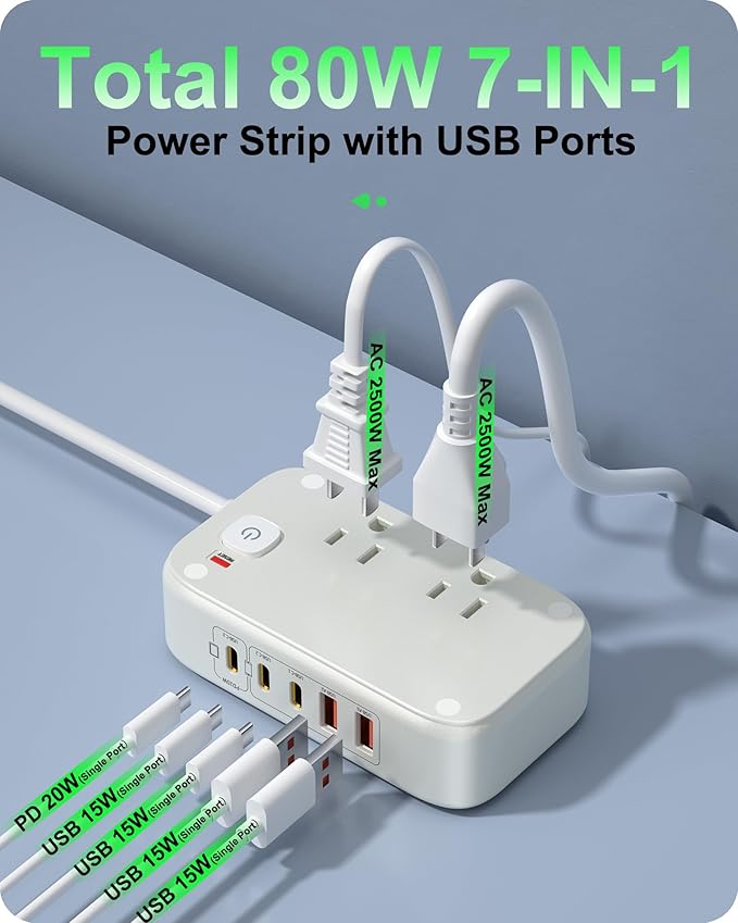 KWRNVO 5FT Portable USB C Power Strip Surge Protector PD 20W Flat Wall Plug Charger Multipl Outlets with 2500W AC Outlets, 3 USB-C Ports, 2 USB-A Ports for Home/Office/Travel