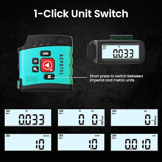 Digital Tape Measure 16 Ft, 2.4" LCD Display, 6 metric and imperial units, Easy Read Digital Measuring Tape Retractable with Fractions 1/16 Rechargeable Measurement Tool for Distance/Area/Volume, Blue