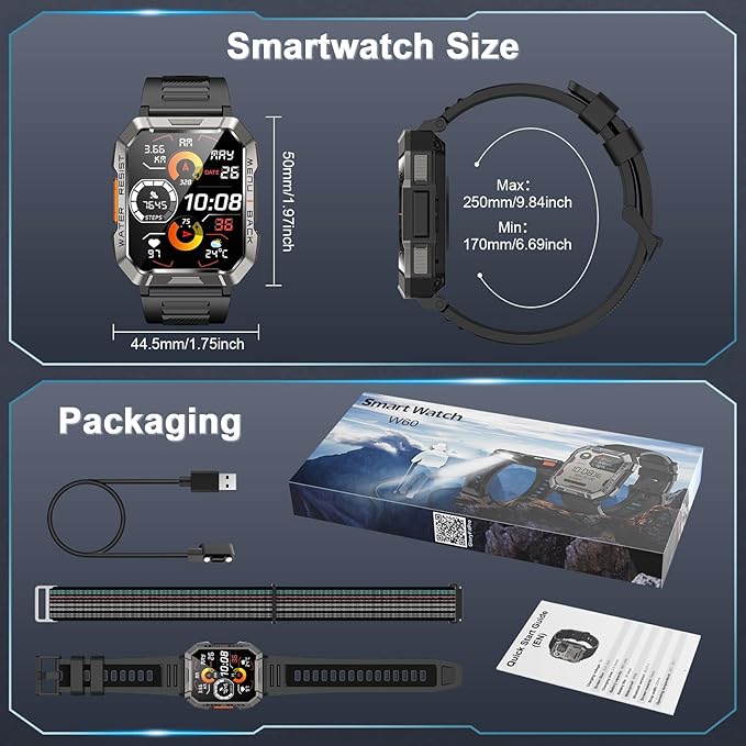 Military Smart Watch for Men(Answer/Make Call), Outdoor Sports Smartwatch with Flashlight/100 Days Battery/Compass/Heart Rate/SpO2/Sleep Monitor/2 Straps, Fitness Tracker for iPhone/Android Phones