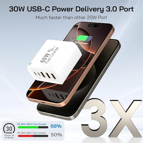 3Pack USB C Fast Charger Block, Total 60W 5-Port USB C Wall Charger 30W Type C Charging Block, 2USB C+3USB A PD 3.0 Multiport Charging Cube for iPhone 17 16 15 14 Pro Max, G-alaxy S25 S24 Ultra, i Pad