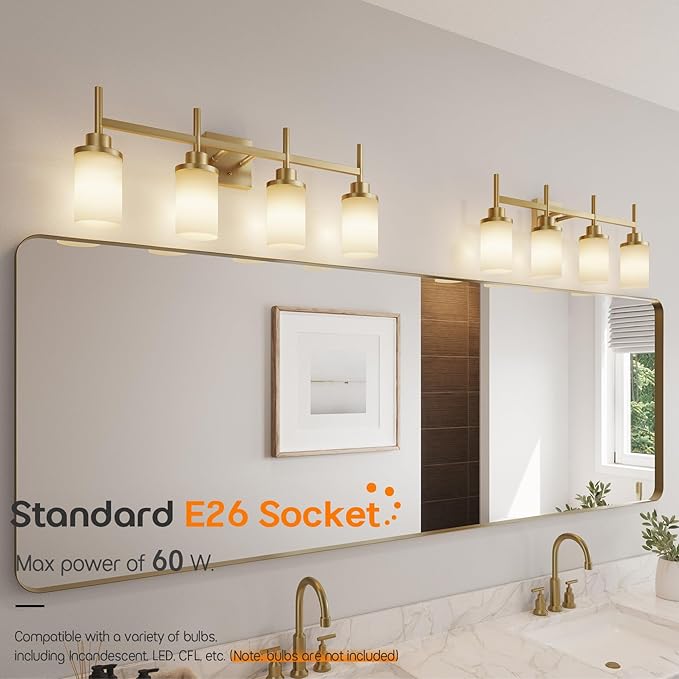 AONEON Wall Light Fixtures 4-Light Over Mirror, Gold Vanity Lights with White Frosted Glass Shade, Wall Sconces for Bathroom Washroom Kitchen T001GD-L4