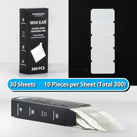 FOROOMACO 300 Pack Mini Ear Double-Sided Mounting Tape Square Heavy Duty Adhesive for Sound Proof Foam Panels, Wall Decor, Wall Art, Easy to Peel and No Residue
