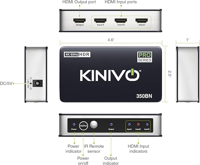 Kinivo HDMI Switch 3 in 1 Out 4K 60Hz (HDR 10, High Speed 18Gbps, IR Remote, HDCP2.2, Dolby Vision, VRR) - 350BN Switcher Compatible with Roku, PS5, Xbox, Apple TV, Nintendo Switch 2, Cable Box