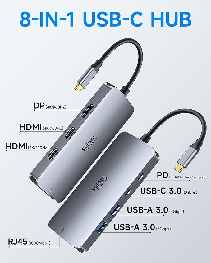 USB C Docking Station Dual Monitor, Selore Docking Station 3 Monitors Triple 4K Display with 2 HDMI, DisplayPort, 1 Gbps Ethernet, 100W PD Charging, USB 3.0 Ports Adapter for Dell, HP, Lenovo,etc