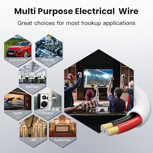 Fire Safety CL2 Speaker Wire in-Wall & in-Ceiling 14 Gauge Wire 30 FT CCA Cord 2 Conductors Red Black Speaker Cable for Indoor Home Theater System,Car Audio Soft White Jacket