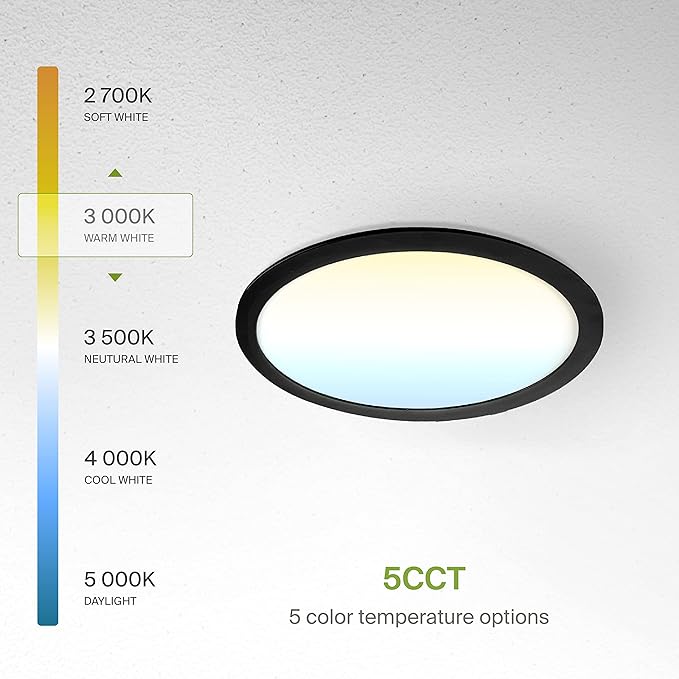 ASD 1 Pack 11/12 Inch LED Recessed Lighting 24W, 5 CCT 2700K-5000K CRI90+, IC Rated Ultra Thin Dimmable Ceiling Lights with J Box, Canless Wafer Downlight, Round Slim Panel Light, UL Listed, Black
