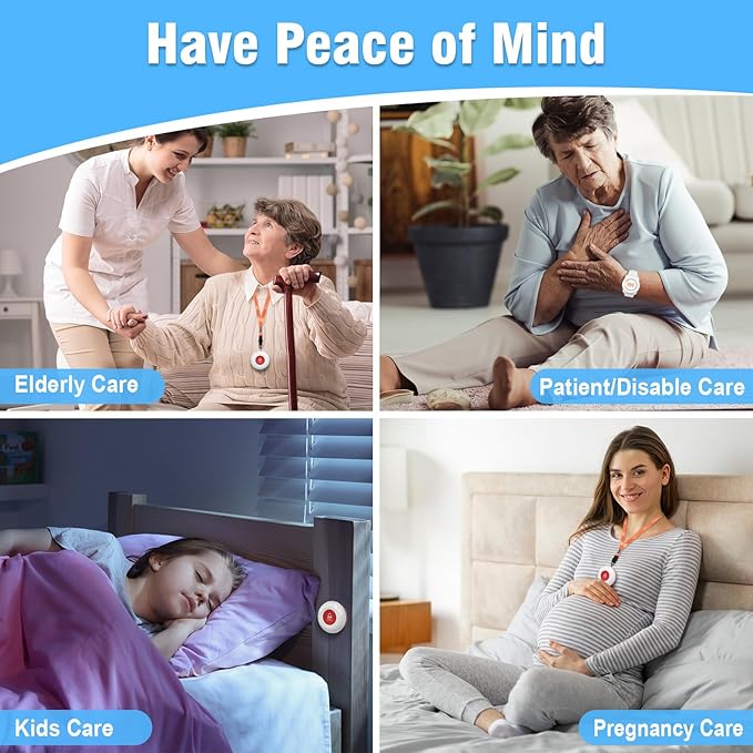 Daytech Caregiver Pager Call Bell for Elderly at Home Fall Detection for Seniors/Patient/Disabled 300+ Feet 1 Portable/Vibration Receiver & 2 Alert Call Button