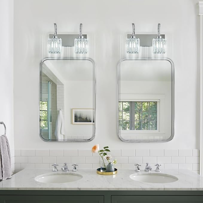 FDPBY Crystal Vanity Lights 2-Light Chrome Wall Lamp Modern Crystal Bathroom Light Fixtures Over Mirror 13.77" Long Bathroom Wall Sconce