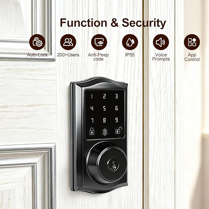 Smart Keyless Entry Door Lock with App Control, Electronic Touchscreen Keypad Deadbolt with Doorbell, App Remote, Voice Prompt, Auto Lock, IP55 Waterproof, 500+ User Capacity, Easy Installation