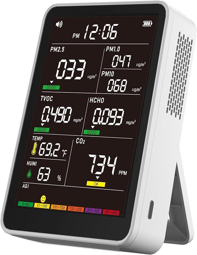 Professional Indoor Air Quality Monitor with AQI Alarms, Portable Real-Time Detector for Home Cars Plants and Pets (Cold White)