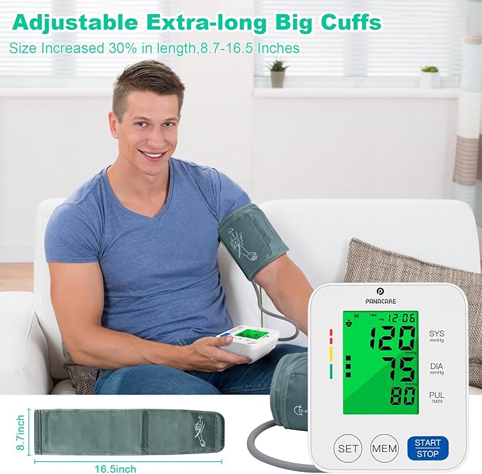 Panacare Blood Pressure Machine, Automatic Upper Arm Blood Pressure Monitor for Home use, 2x99 Readout and BP Cuff, 3.4" 3-Color Backlit Screen, Adjustable Large Cuff (8 to 16 inches), White