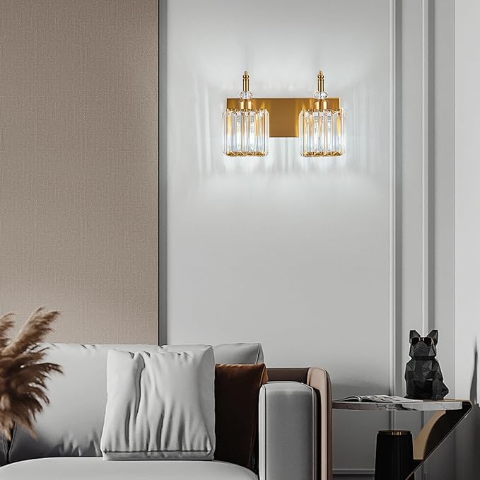 BBLLWJ Modern Bathroom Vanity Light 2-Light Gold Crystal Light Fixtures Over Mirror for Bathroom Wall Sconce