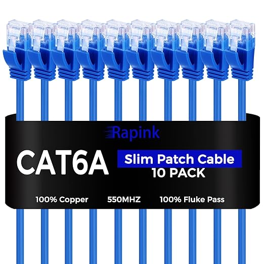 Rapink Patch Cables Cat6a 14ft (10 Pack) Slim, Cat6a Ethernet Patch Cable 10G Support, Snagless Cat 6 Patch Cable for Patch Panel to Switch, Flexiable Cat 6a Ethernet Cable with Gold Plated
