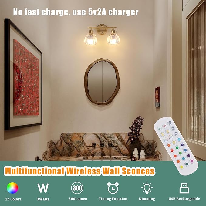 Shenmoyl Battery Operated Bathroom Light Fixtures, 2-Light Brass Vanity Wall Light with 5000mAh Rechargeable Bulb Over Mirror with Clear Tulip Glass Shade for Bedroom Living Room