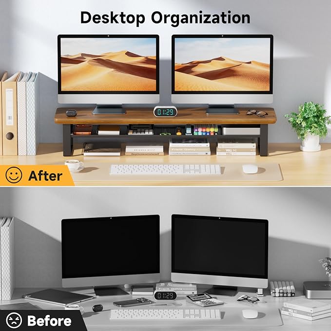 NestNeat Dual Monitor Stand, 35.4 Inch Monitor Stand Riser for 2 Monitors, 2 Tiers Wood Desk Shelf with Storage, Desktop Organizer Stand for Computer, Laptop, Printer, TV (Walnut, 35.4in)