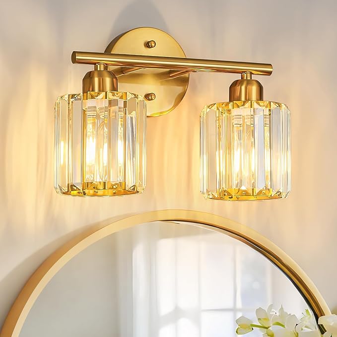 FDPBY Modern 2 Light Crystal Vanity Light, Brushed Gold Vertical Bathroom Light Fixture Over Mirror for Dressing Table Sink, Compatible with Dimmable Bulbs (Bulbs Not Included)