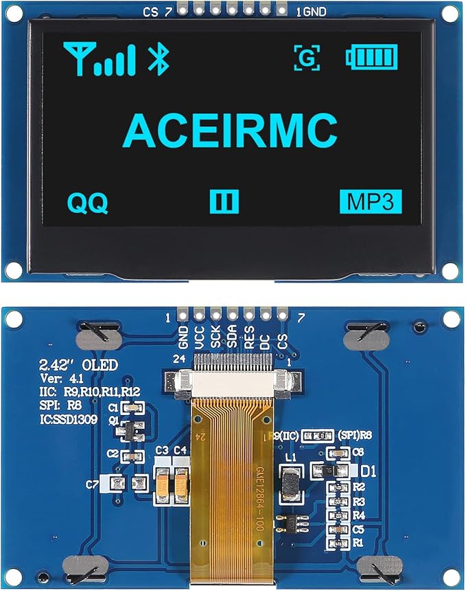 ACEIRMC 2.42 inch 128x64 OLED LCD Display Module SSD1309 7 Pin SPI/IIC I2C Serial Interface for Arduino UNO R3 (Blue)