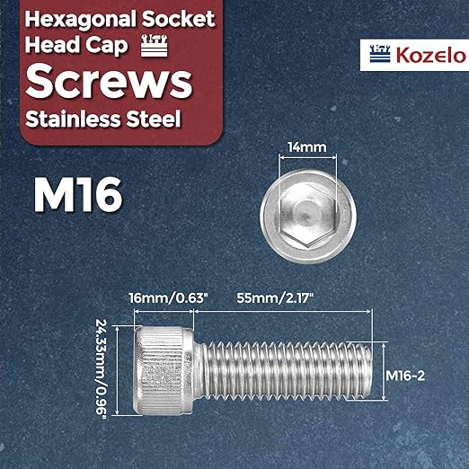 Kozelo 1pcs Socket Head Cap Screws - [M16-2 x 55mm] 304 Stainless Steel Allen Socket Drive for Electrical Motor 3D Printing Fan Engine Replacement Use, Silver