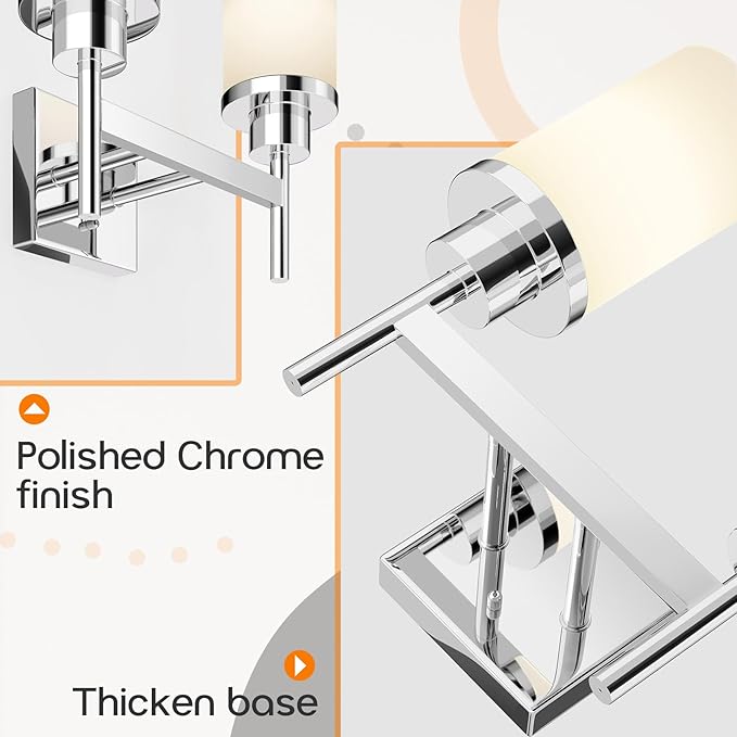 AONEON Vanity Lights Polished Chrome Bathroom Light Fixtures with White Frosted Glass Shade, Double Wall Sconces for Mirror Hallway Entrance Porch T001CH-L2