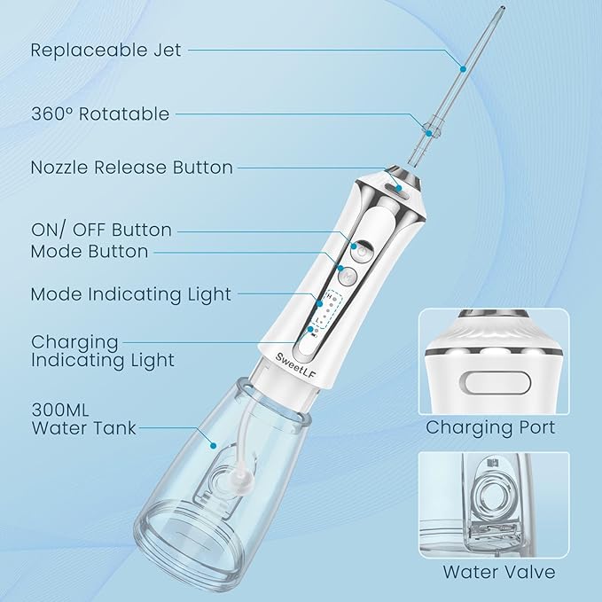 SweetLF Water Dental Flosser Pick for Teeth, 5 Modes Cordless Portable Oral Irrigator, 300ML Tank Water Teeth Cleaner with 5 Jet Tips, IPX7 Waterproof Rechargeable Flossing Picks for Home Travel