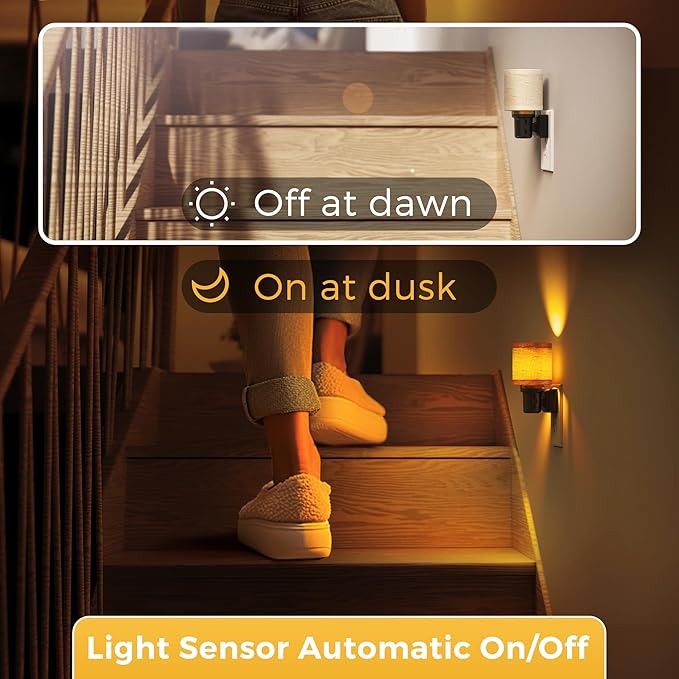 L LOHAS LED Night Lights Plug into Wall, 2 Pack Linen Fabric Cylinder Decor Night Light, Dusk to Dawn Sensor Vintage Nightlight, Amber Warm 0-100LM Dimmable, for Bedroom Living Room Hallway