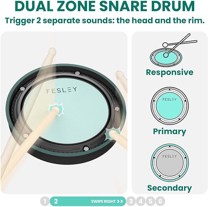 Fesley FED150W Electric Drum Set: Dual Zone Snare Drum,2 Cymbals w/Choke, 200 Sounds, 4 Quiet Mesh Drum Pads, Portable Electronic Drum Kit for Beginner, Bluetooth, MIDI, Throne, Headphone, Sticks