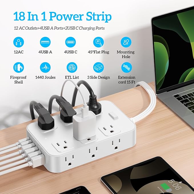 Solidock Flat Plug Power Strip Surge Protector with 12 AC Outlets 6 USB Ports 3 Side Multi Plug Outlet Extender 15 Ft Extension Cord for Home Office Kitchen Dorm Wall Desk Charging Station ETL Listed