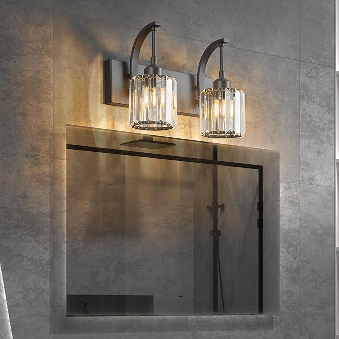 FDPBY Bathroom Crystal Vanity Lights 2-Light Black Wall Lamp Modern Crystal Bathroom Light Fixtures Over Mirror 13.77" Long Wall Sconce