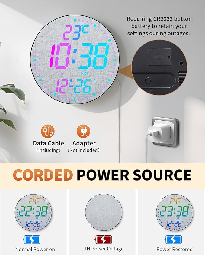 GLOKUUCA 12" Large Digital Wall Mount Clock, Count Down Timer, Alarm, Big LED, 12 RGB Color, Temperature for Living Room Classroom Desk, Xmas, Birthday Gift for Senior Mom (Fabric Elements)