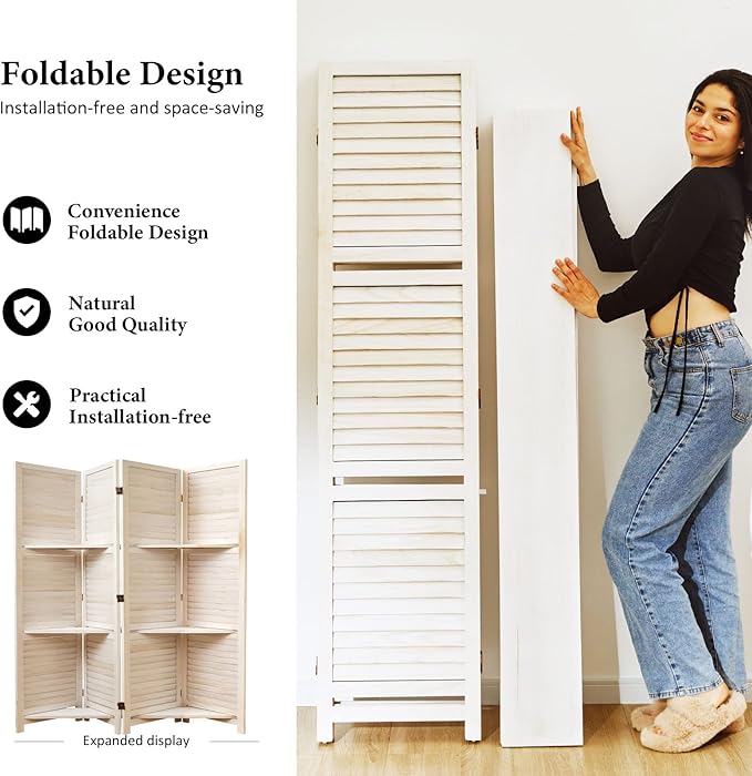 Partition Room Dividers, Folding Wood Privacy Screen with Three Display Shelves Suitable for Home Office, Study, Art Display - 4 Panel, 67 * 51inch (White)