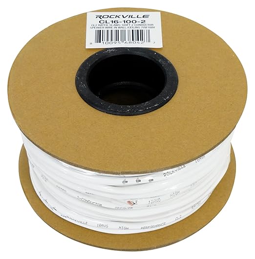 Rockville CL16-100-2 CL2 Rated 16 AWG 100' Speaker Wire, In-Wall and Ceiling Use, 2 Conductor, Oxygen-Free Copper, High Strand Count, Perfect for 70V/100V Home and Commercial Audio Installs