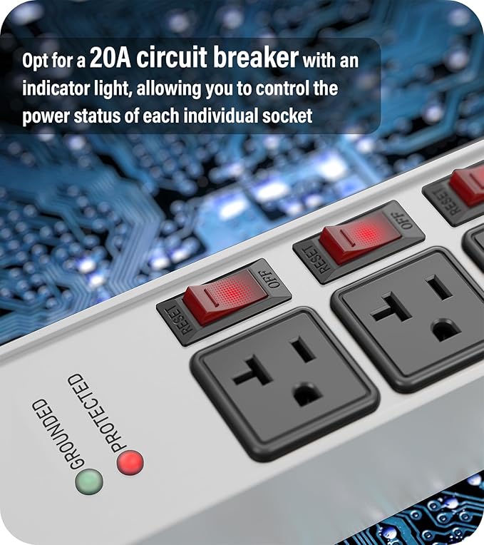 CCCEI Heavy Duty Surge Protector Power Strip 20 Amp Individual Switches. 20FT 12 Gauge Extension Cord with Multiple Outlets. Kitchen, Garage, Shop, Industrial Wall Mount Electric Extender, Grey.
