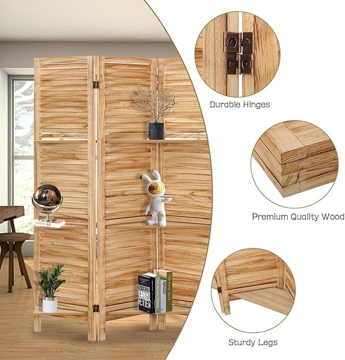 4 Panel Room Divider with Shelves, Room Dividers and Folding Privacy Screens, Folding Room Dividers 4 Panel, Wood Room Divider with 3 Display Shelves for Home Office (Natural)