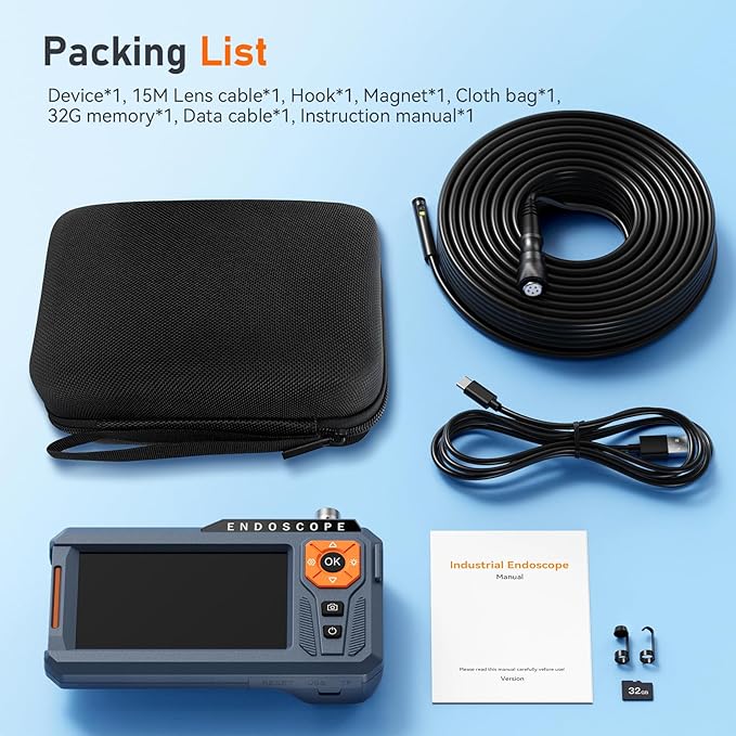 50FT Triple Lens 5" IPS Borescope Inspection Camera, Ginocaco 1080P Digital Video Endoscope with Light, Waterproof Scope Camera with Semi-Rigid Cable, Drain Pipe Tool, Carrying Case, 32G Card